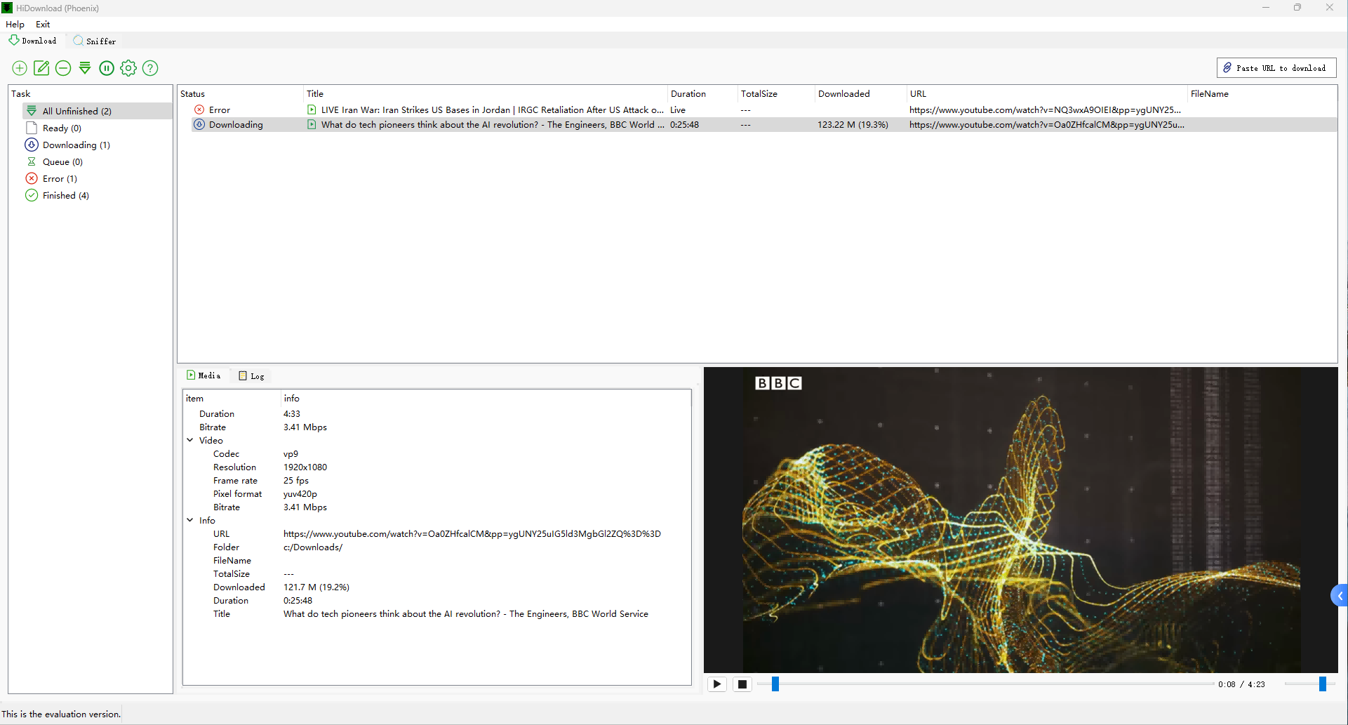 HiDownload capturing a streaming video session on Windows